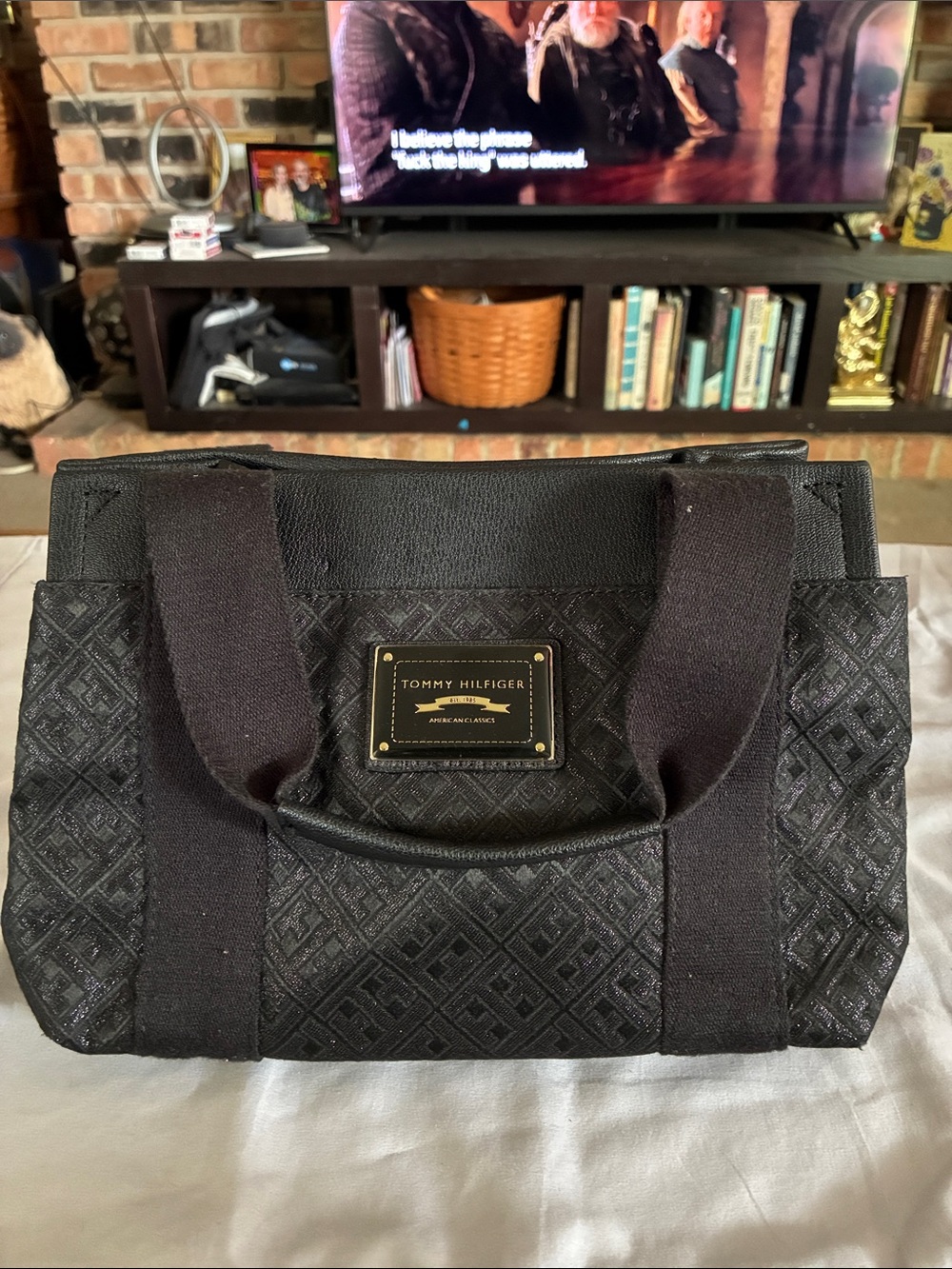 Tommy Hilfiger Black Quilted Logo Tote with Dual Webbed Handles